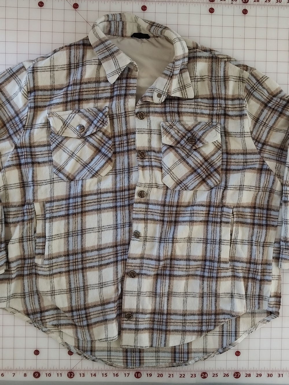 Miss Me Cream, Brown & Light Blue Plaid Button-Down Shirt